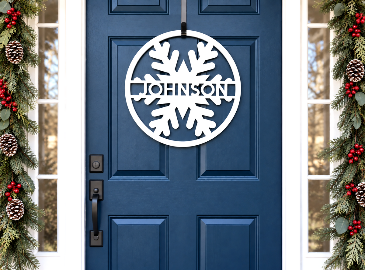 winter snowflake front door hanger with personalized text