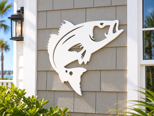 outdoor redfish sign made from weatherproof PVC, coastal nautical fishing beach house decor