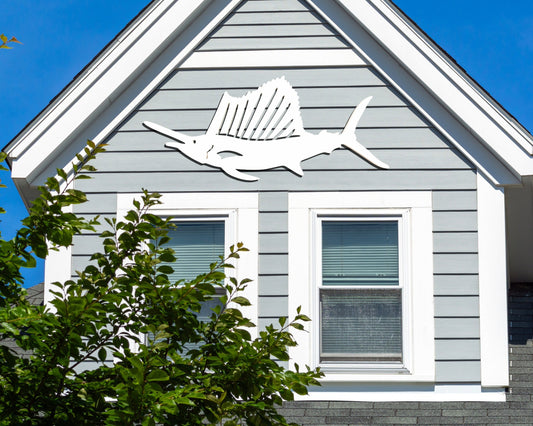 large sailfish outdoor wall art, exterior sailfish sign, weatherproof beach house fishing decor