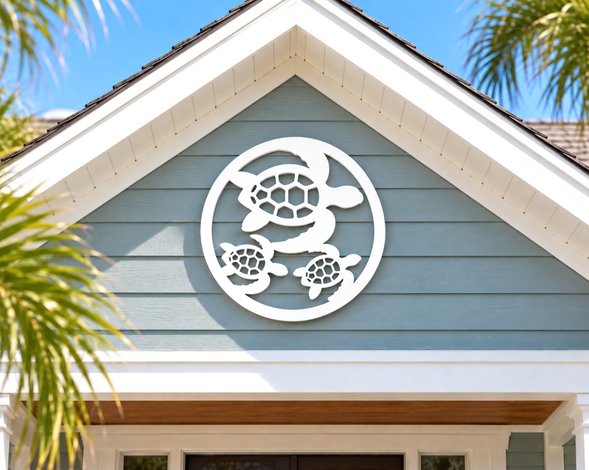 outdoor sea turtle with babies wall art sign for coastal beach house decor, weatherproof PVC nautical decor