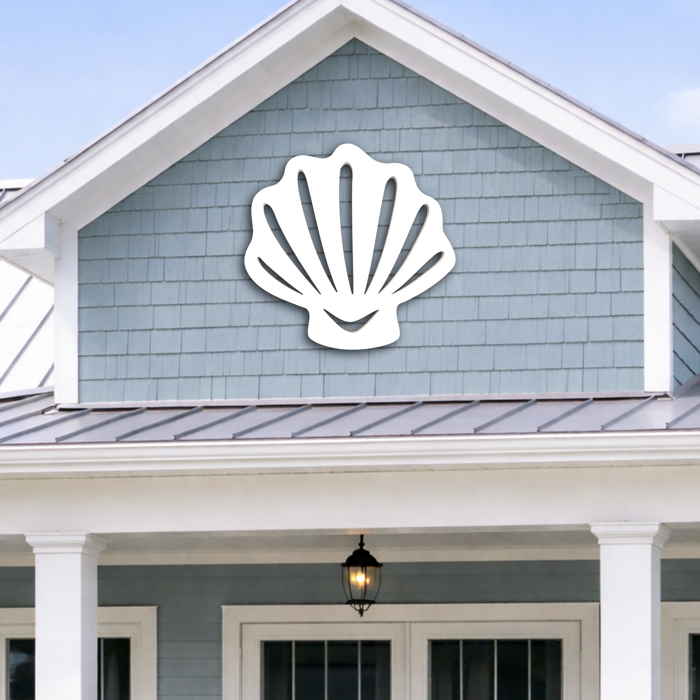weatherproof seashell wall art sign, outdoor beach shell decor for coastal beach house, exterior scalloped seashell art