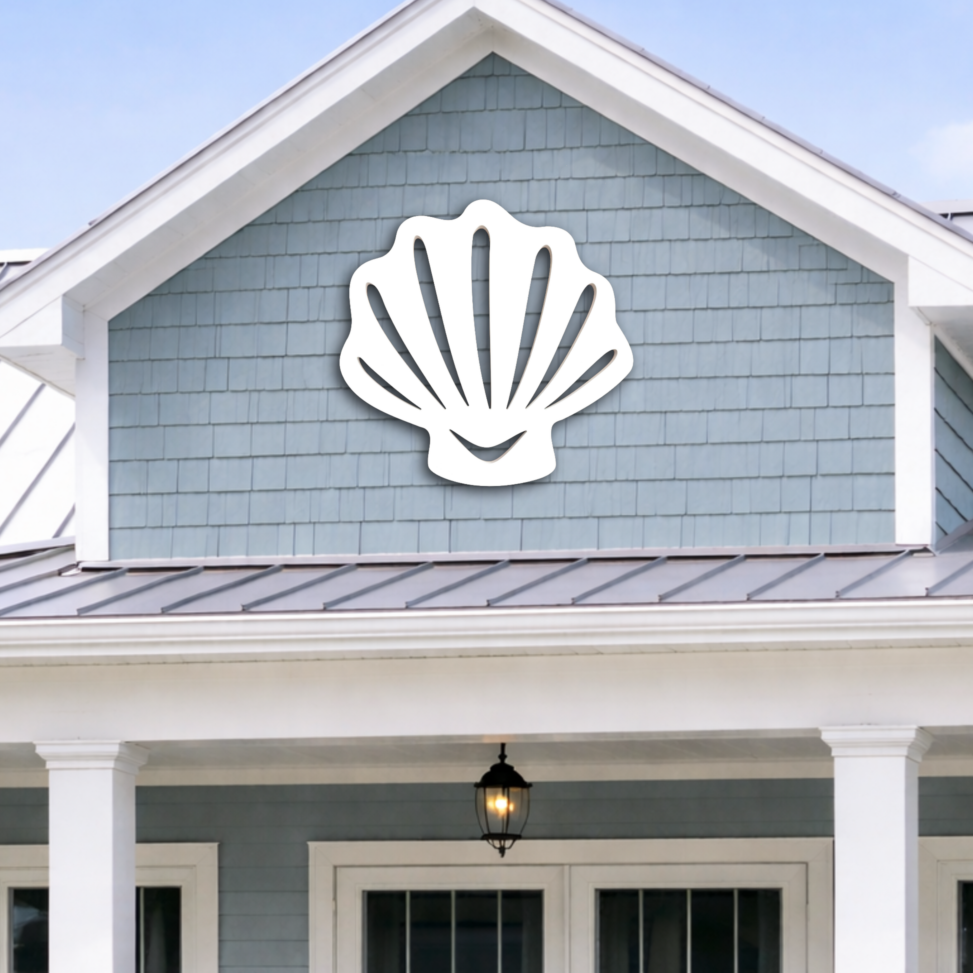 weatherproof seashell wall art sign, outdoor beach shell decor for coastal beach house, exterior scalloped seashell art