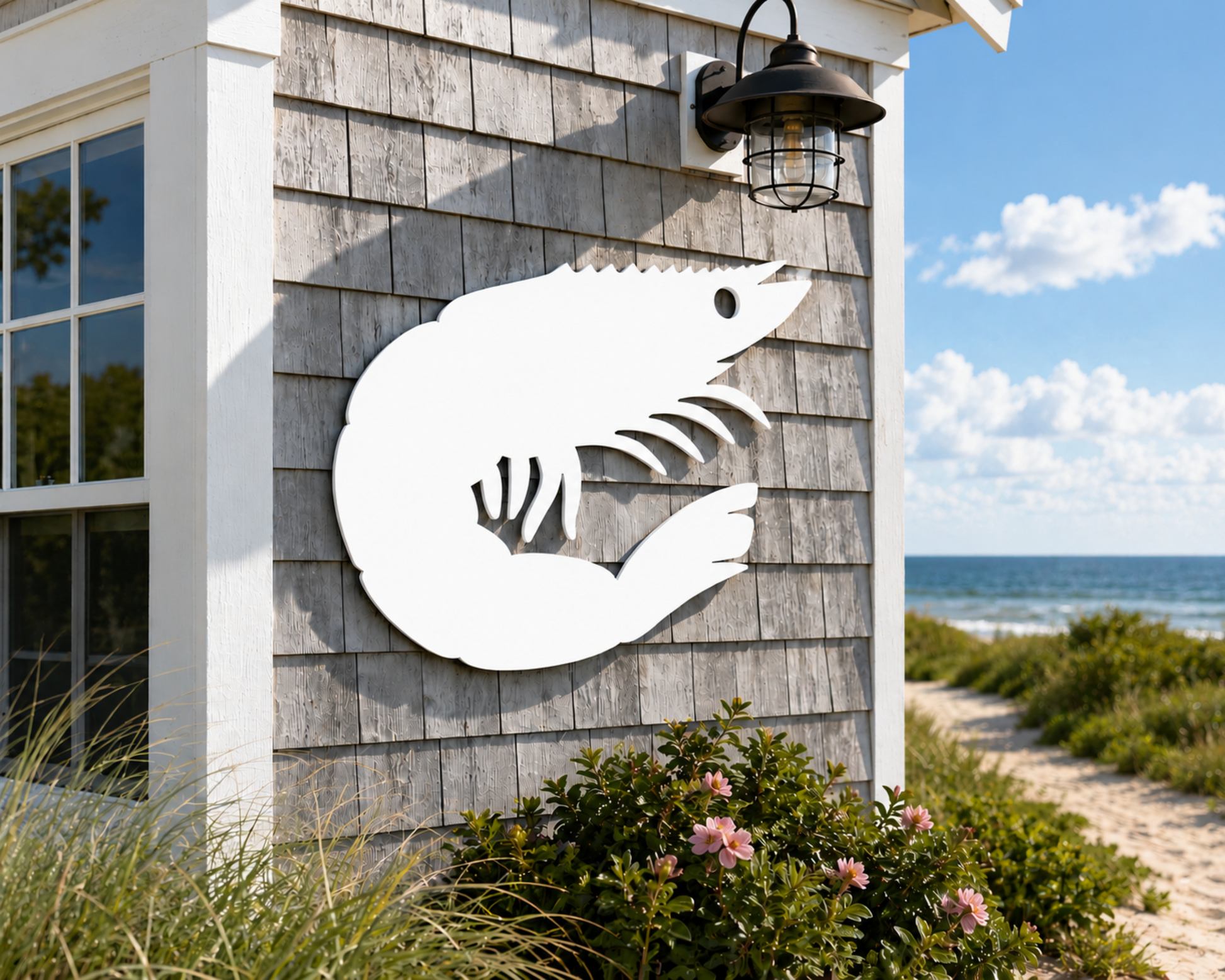 outdoor shrimp wall art sign, weatherproof coastal beach house river home exterior shrimp decor