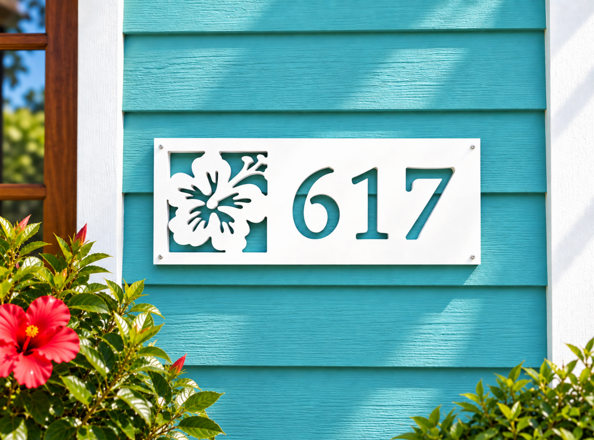 tropical hibiscus flower address sign, coastal house number plaque