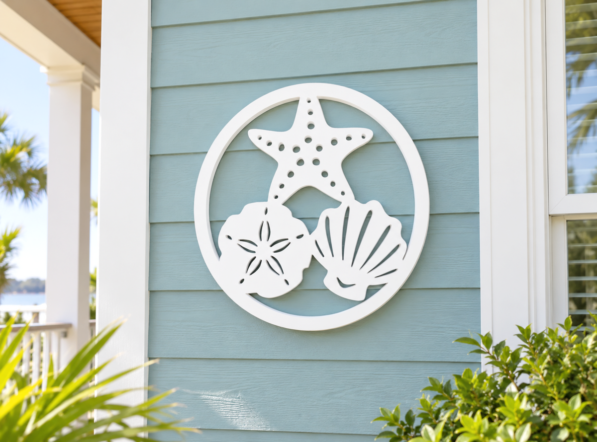 outdoor beach shell wall art sign, starfish, seashell, sand dollar coastal beach house decor