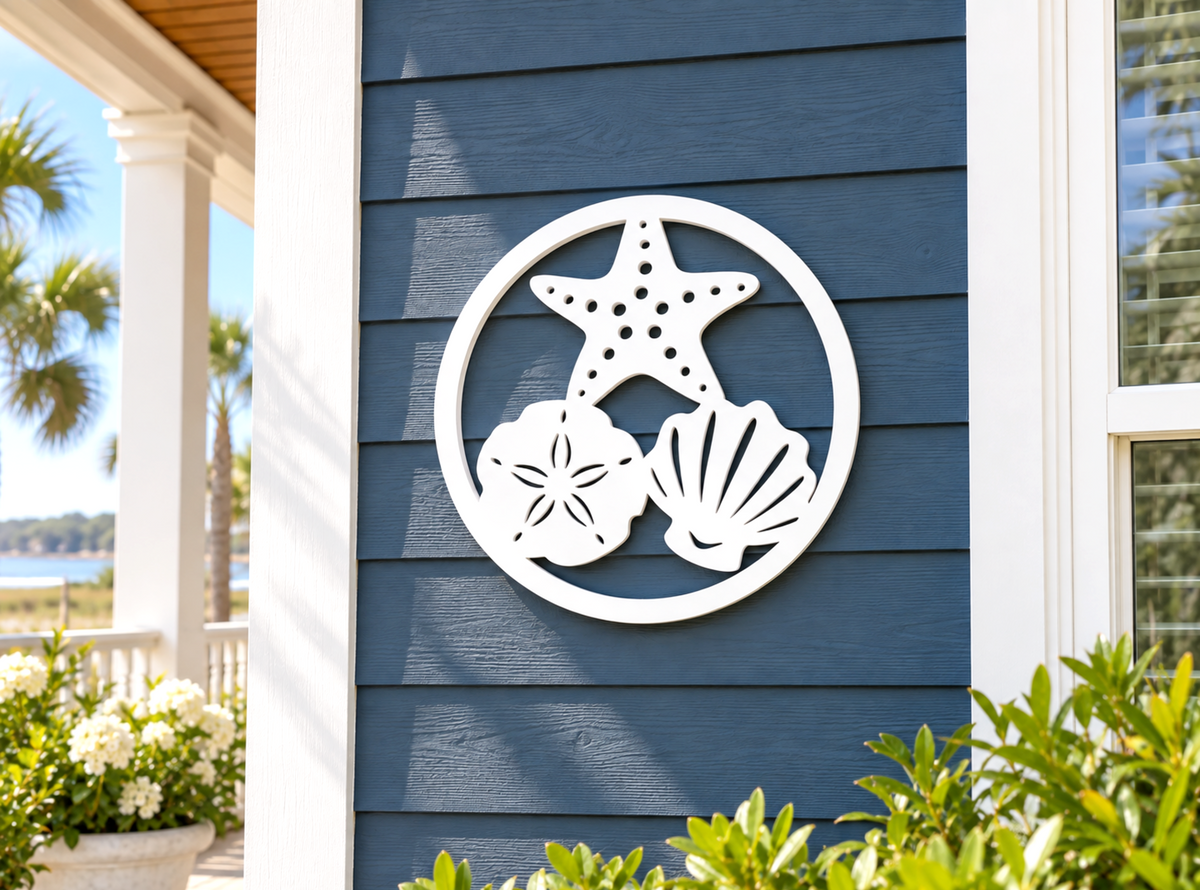 outdoor beach shell wall art sign, starfish, seashell, sand dollar coastal beach house decor