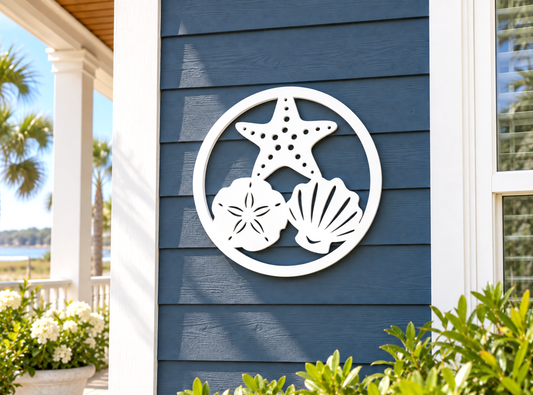 outdoor beach shell wall art sign, starfish, seashell, sand dollar coastal beach house decor