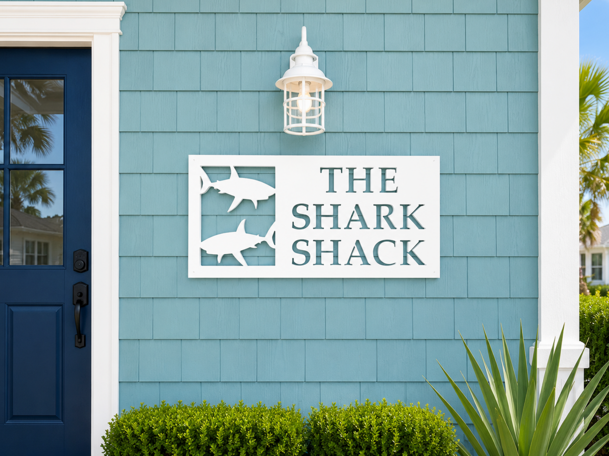 shark house name sign, exterior weatherproof coastal house sign