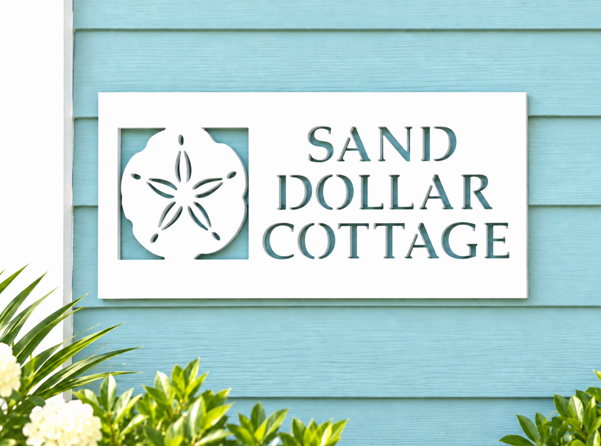 custom sand dollar house name sign for coastal beach house, exterior nautical decor
