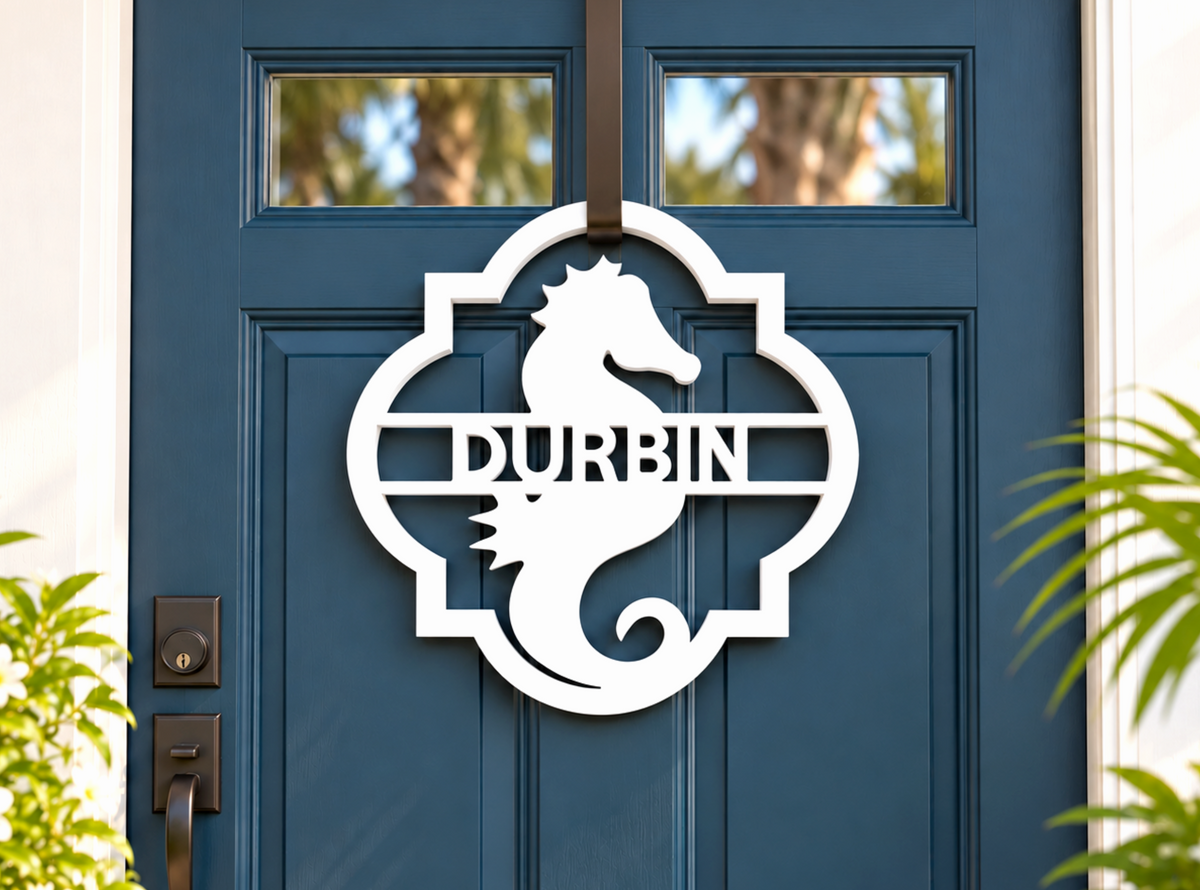 custom seahorse door hanger sign for nautical coastal home decor
