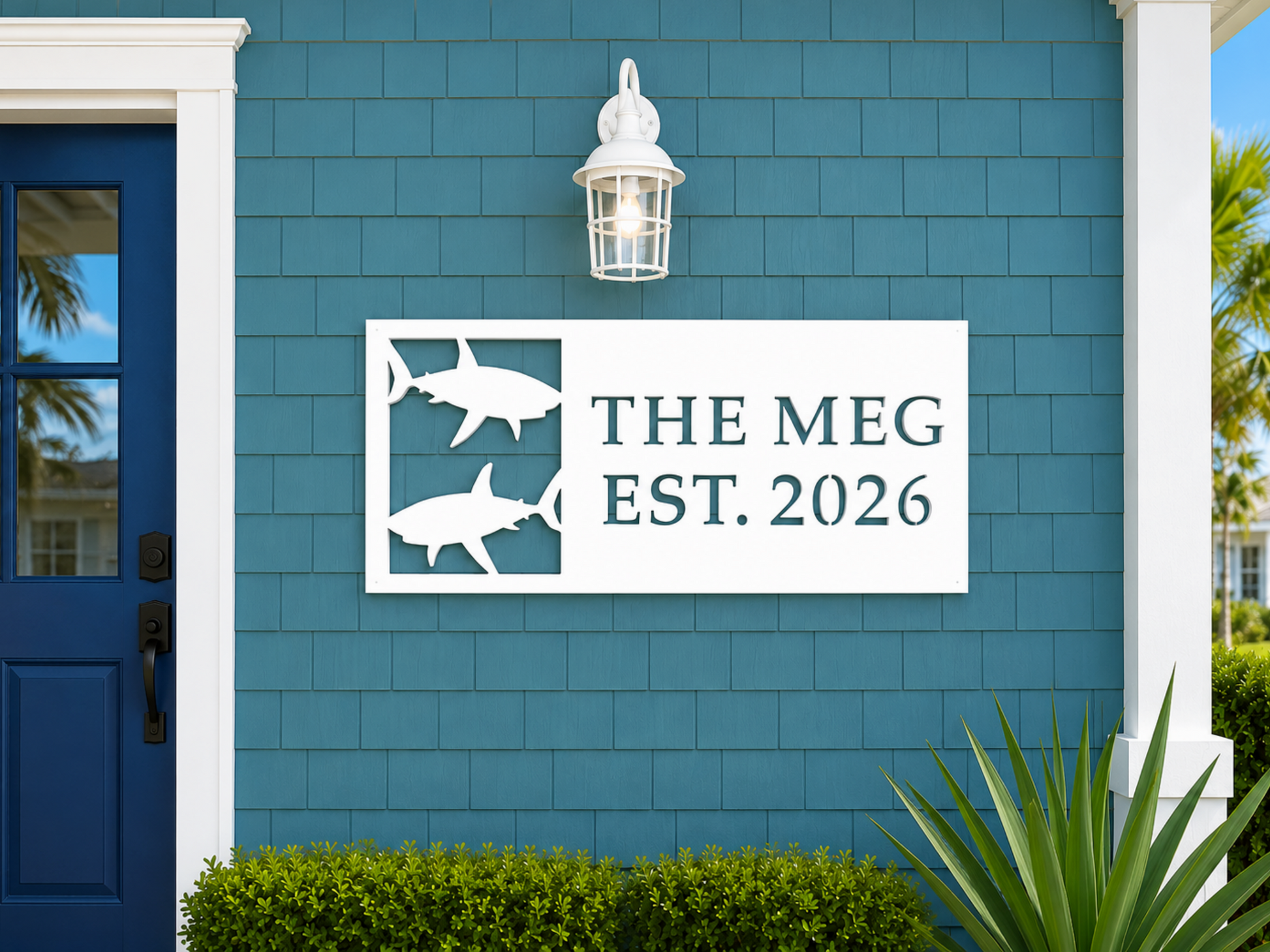 outdoor shark house name sign with custom text