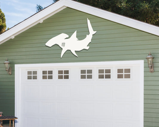 large outdoor hammerhead shark wall art, weatherproof shark beach house sign