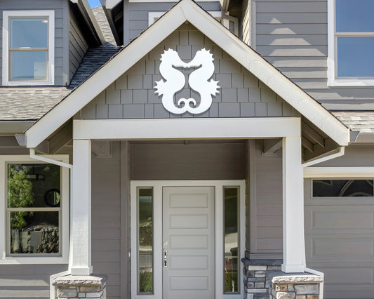 double seahorse outdoor wall art sign for beach house, exterior coastal home art