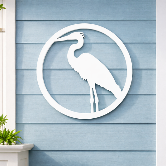 heron wall art sign for coastal or river home. outdoor egret bird wall art decor