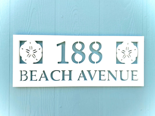 Full Street Address Plate with Sand Dollar, Coastal Beach House Address Plaque, Outdoor PVC Weatherproof House Numbers, Address Numbers Sign