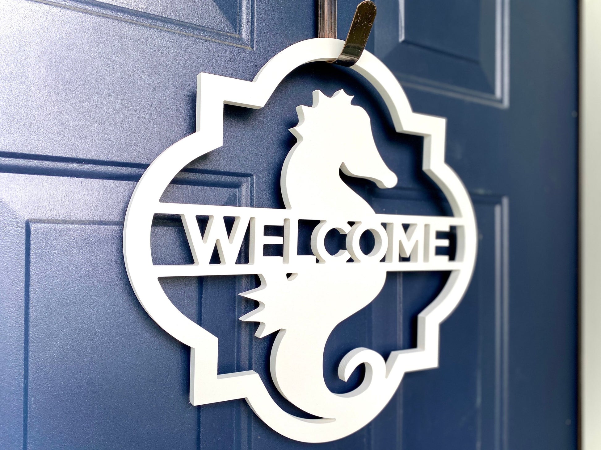 Seahorse Name Sign, Weatherproof Outdoor Coastal Beach House Sign, Summer Wreath for Front Door, Coastal Home Decor, Seahorse Nursery Decor