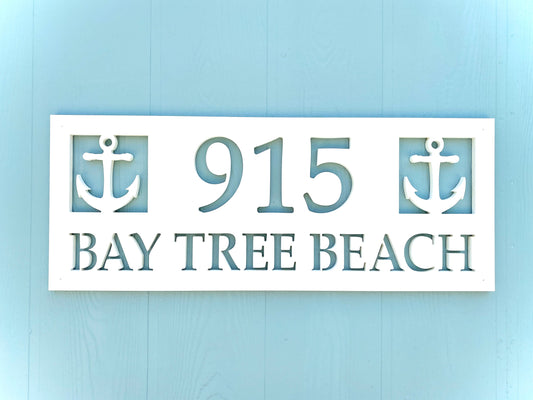 Full Street Name Address Plate with Anchors, Coastal Beach House Exterior Decor, Outdoor PVC Weatherproof House Numbers, Nautical Address Numbers Sign