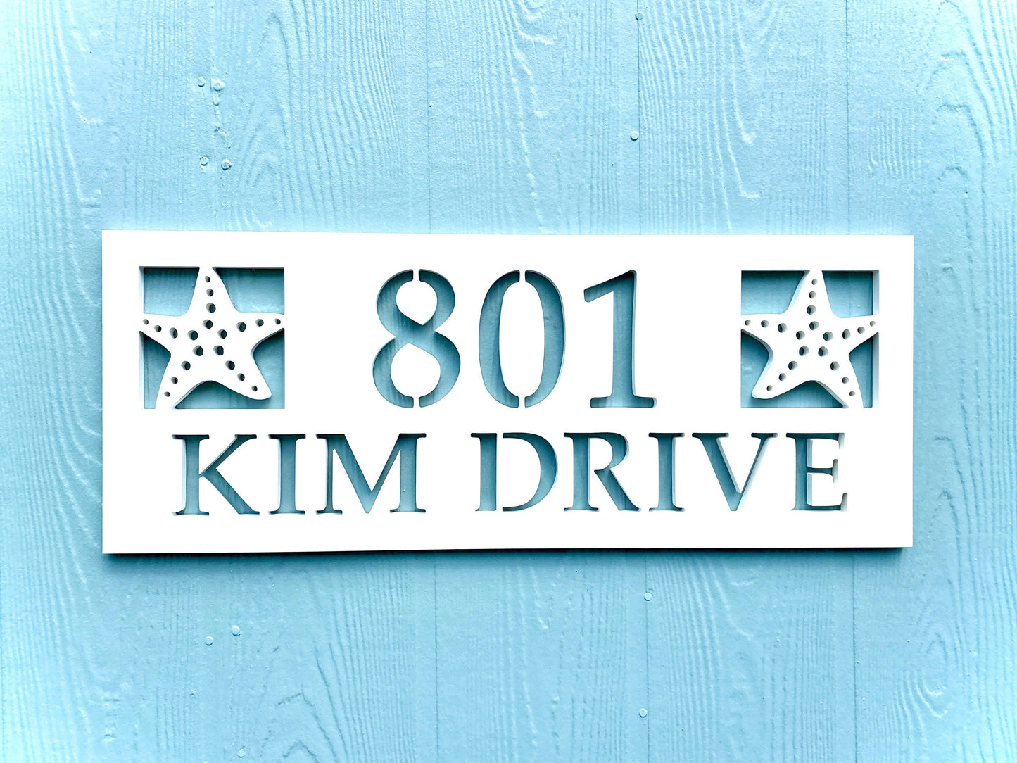 Starfish house number with street name sign, weatherproof PVC coastal address plaque, outdoor nautical beach house decor