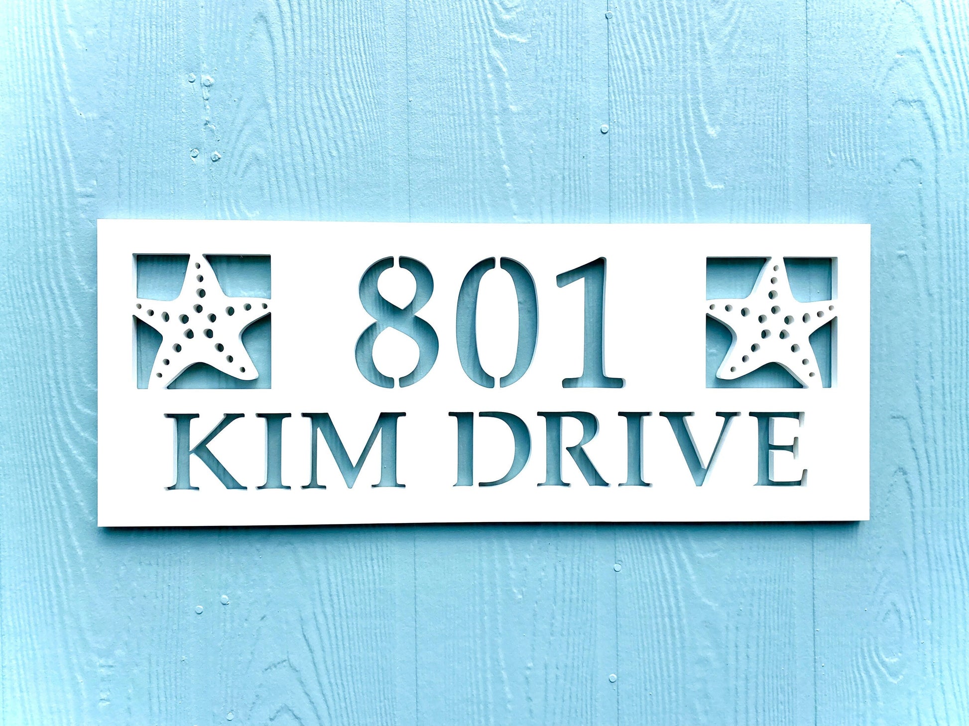 Starfish house number with street name sign, weatherproof PVC coastal address plaque, outdoor nautical beach house decor