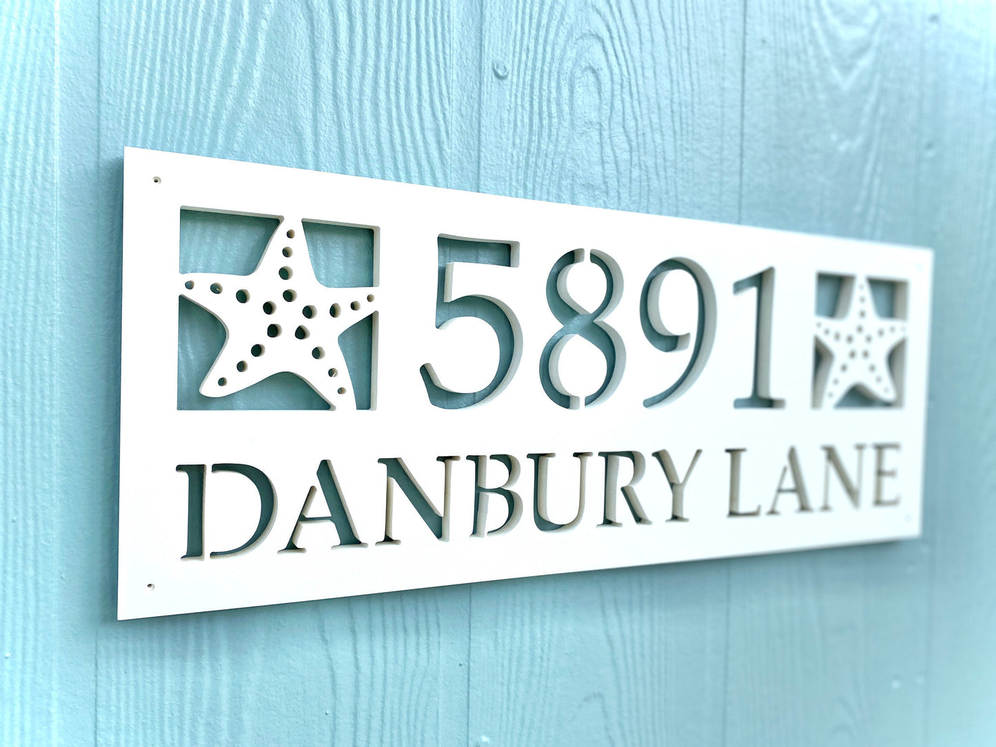 Full Street Address Plate with Starfish, Coastal Beach House Address Plaque, Outdoor PVC Weatherproof House Numbers, Address Numbers Sign