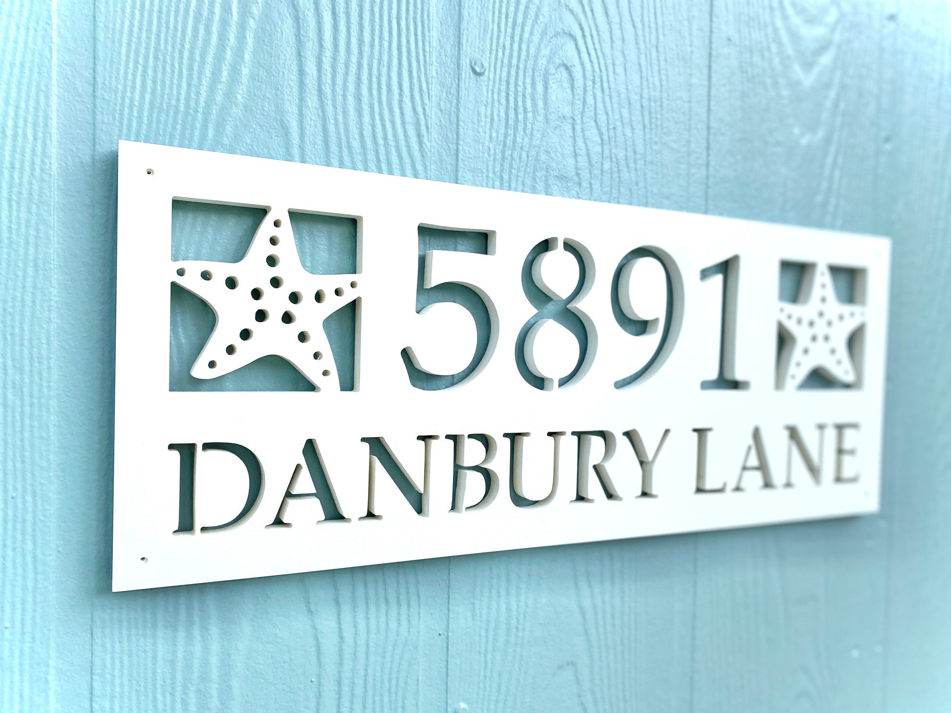 Full Street Address Plate with Starfish, Coastal Beach House Address Plaque, Outdoor PVC Weatherproof House Numbers, Address Numbers Sign