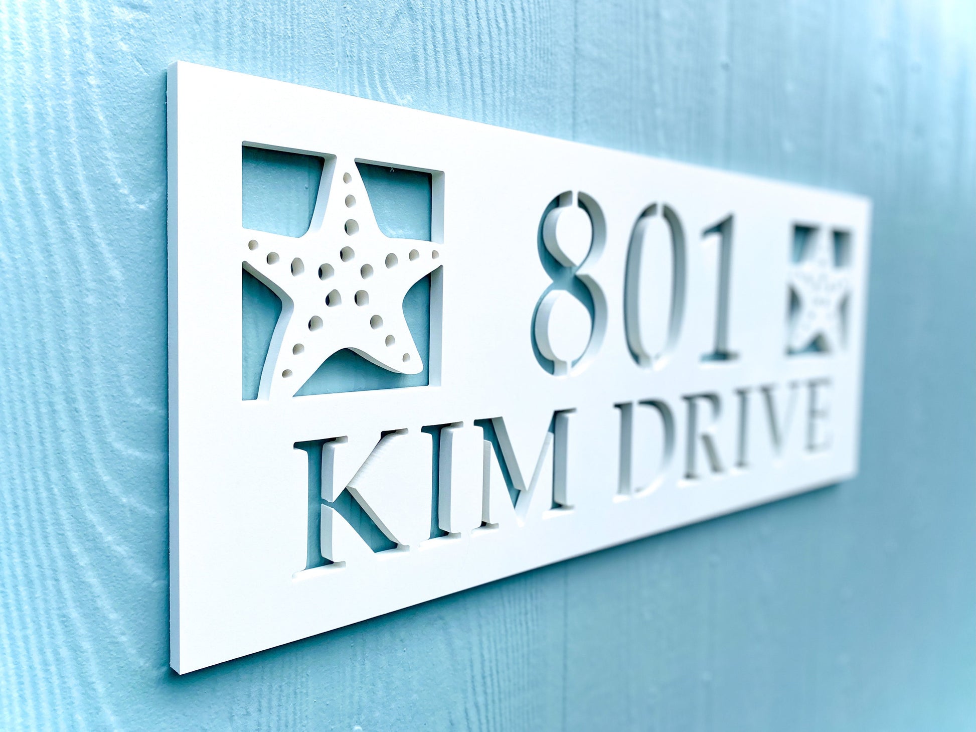 Full Street Address Plate with Starfish, Coastal Beach House Address Plaque, Outdoor PVC Weatherproof House Numbers, Address Numbers Sign