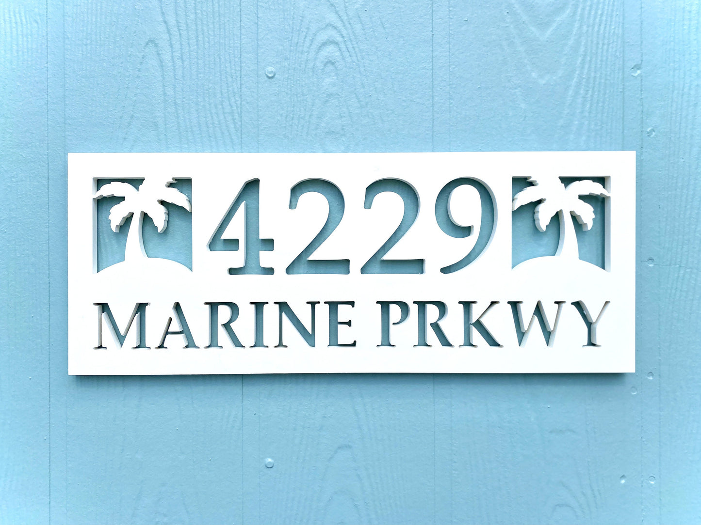 Full Street Address Plate with Palm Trees, Coastal Beach House Address Plaque, Outdoor PVC Weatherproof House Numbers, Address Numbers Sign
