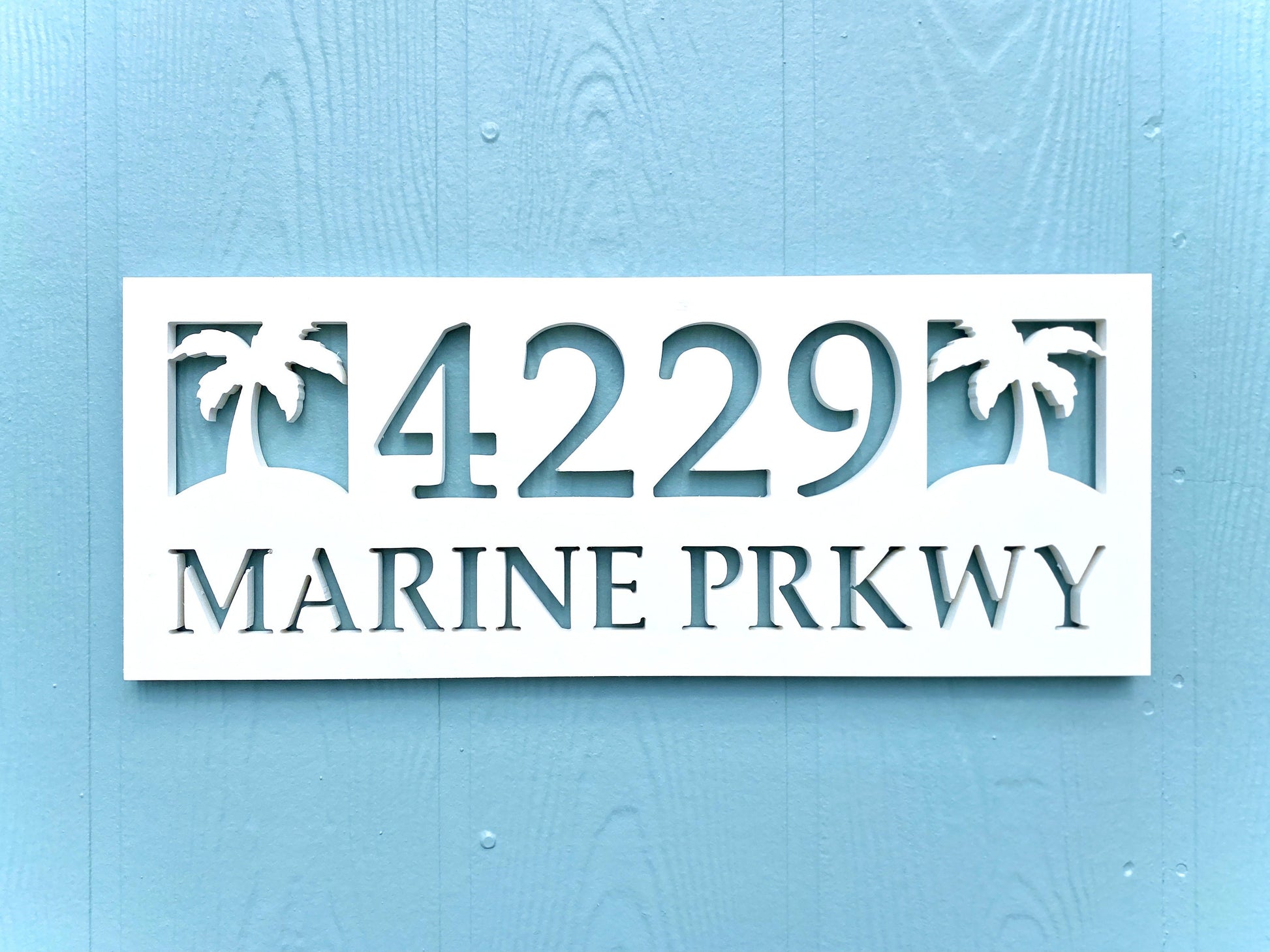 Full Street Address Plate with Palm Trees, Coastal Beach House Address Plaque, Outdoor PVC Weatherproof House Numbers, Address Numbers Sign