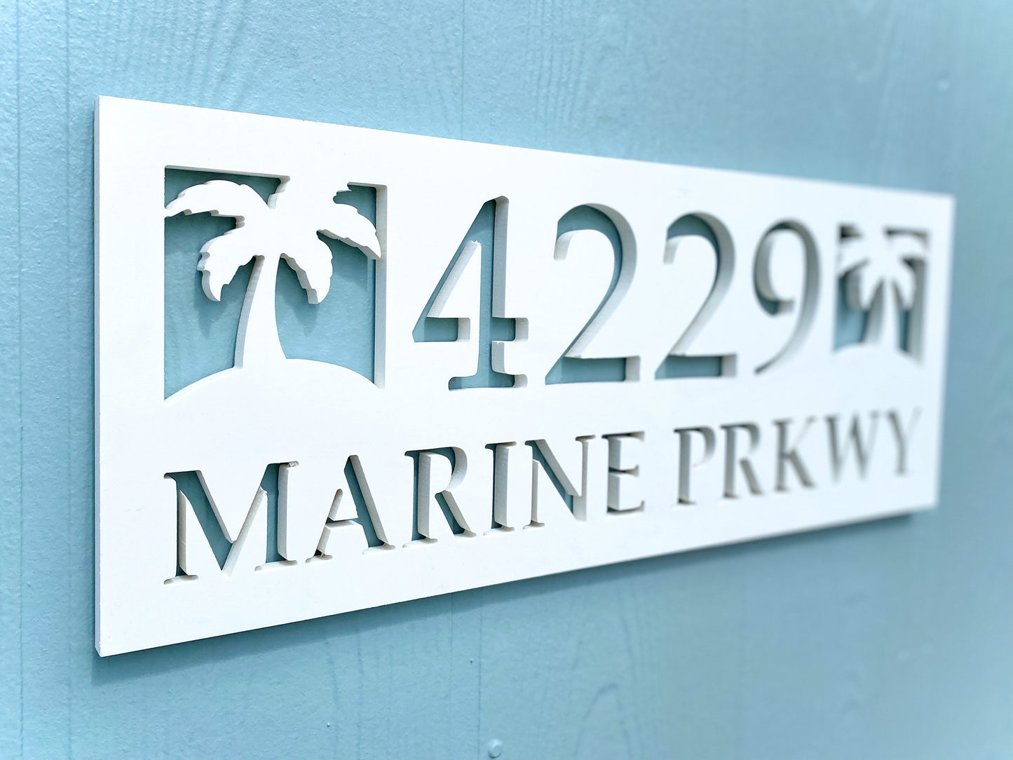 Full Street Address Plate with Palm Trees, Coastal Beach House Address Plaque, Outdoor PVC Weatherproof House Numbers, Address Numbers Sign