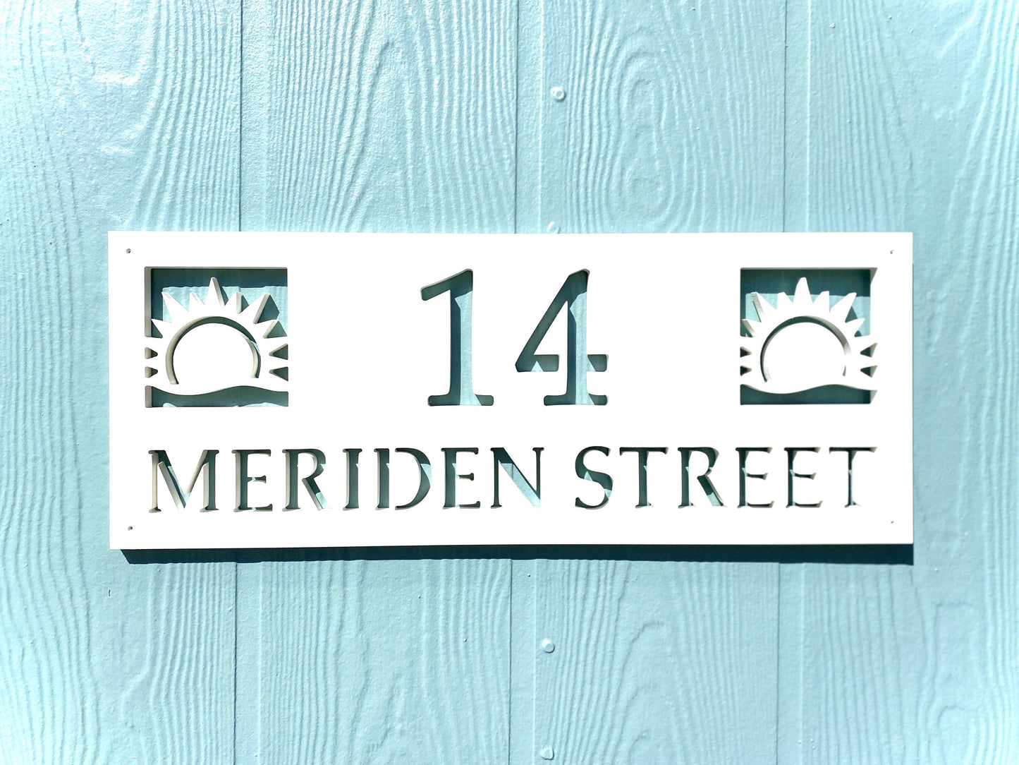Sun address plaque with house number and street name, weatherproof PVC address sign, sunrise sunset sunshine decor