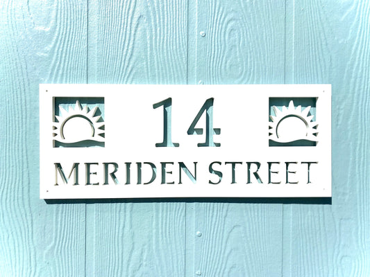 Sun address plaque with house number and street name, weatherproof PVC address sign, sunrise sunset sunshine decor
