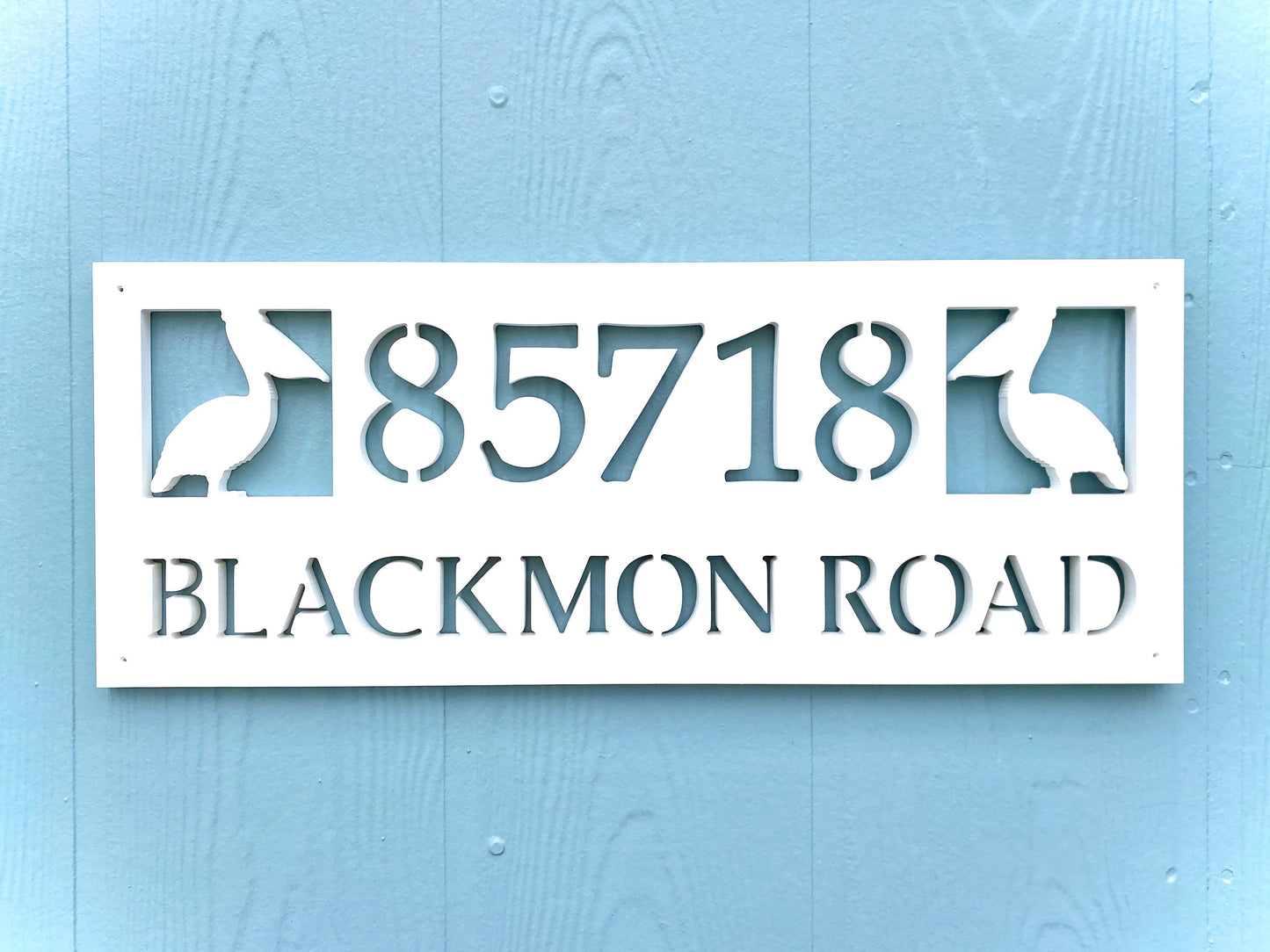 Full Street Name Address Plate with Pelicans, Coastal Beach House Address Plaque, Outdoor PVC Weatherproof House Numbers, Nautical bird Address Numbers Sign