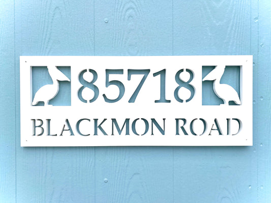 Full Street Name Address Plate with Pelicans, Coastal Beach House Address Plaque, Outdoor PVC Weatherproof House Numbers, Nautical bird Address Numbers Sign
