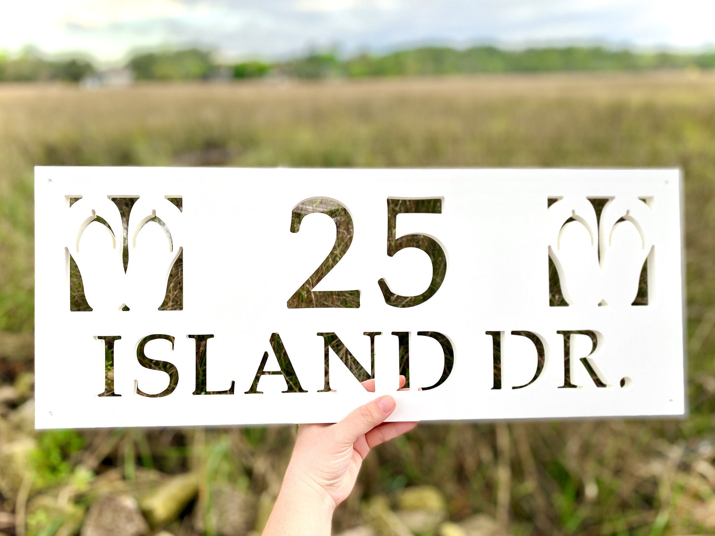 Full Street Name Address Plate with Flip Flops Beach Sandals, Coastal Beach House Address Sign, Outdoor PVC Weatherproof House Numbers, Lake House Address Plaque