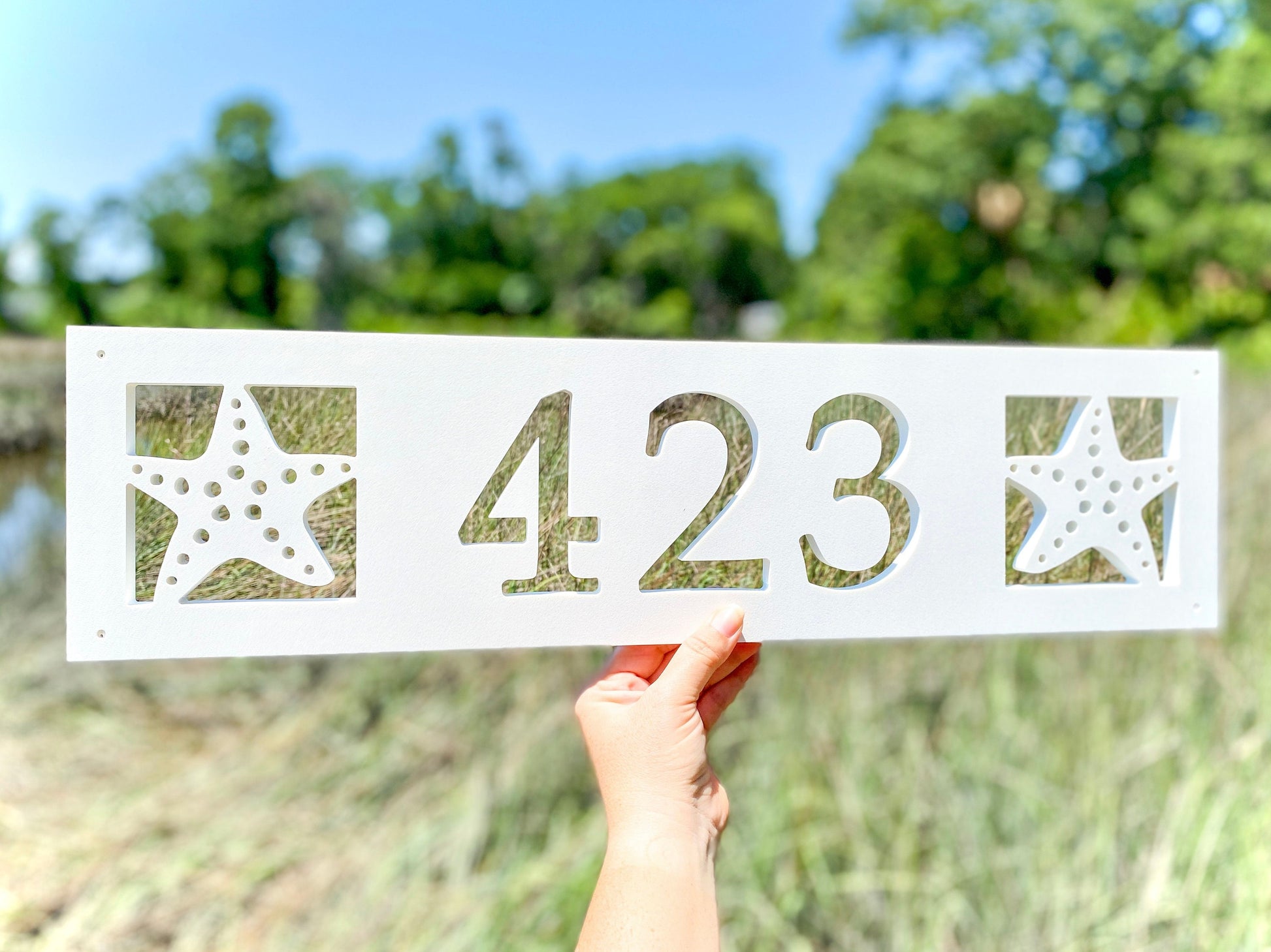 Nautical Starfish Address for Beach House, Narrow Horizontal Address Sign, Coastal Home Exterior Decor, Outdoor PVC Weatherproof House Numbers