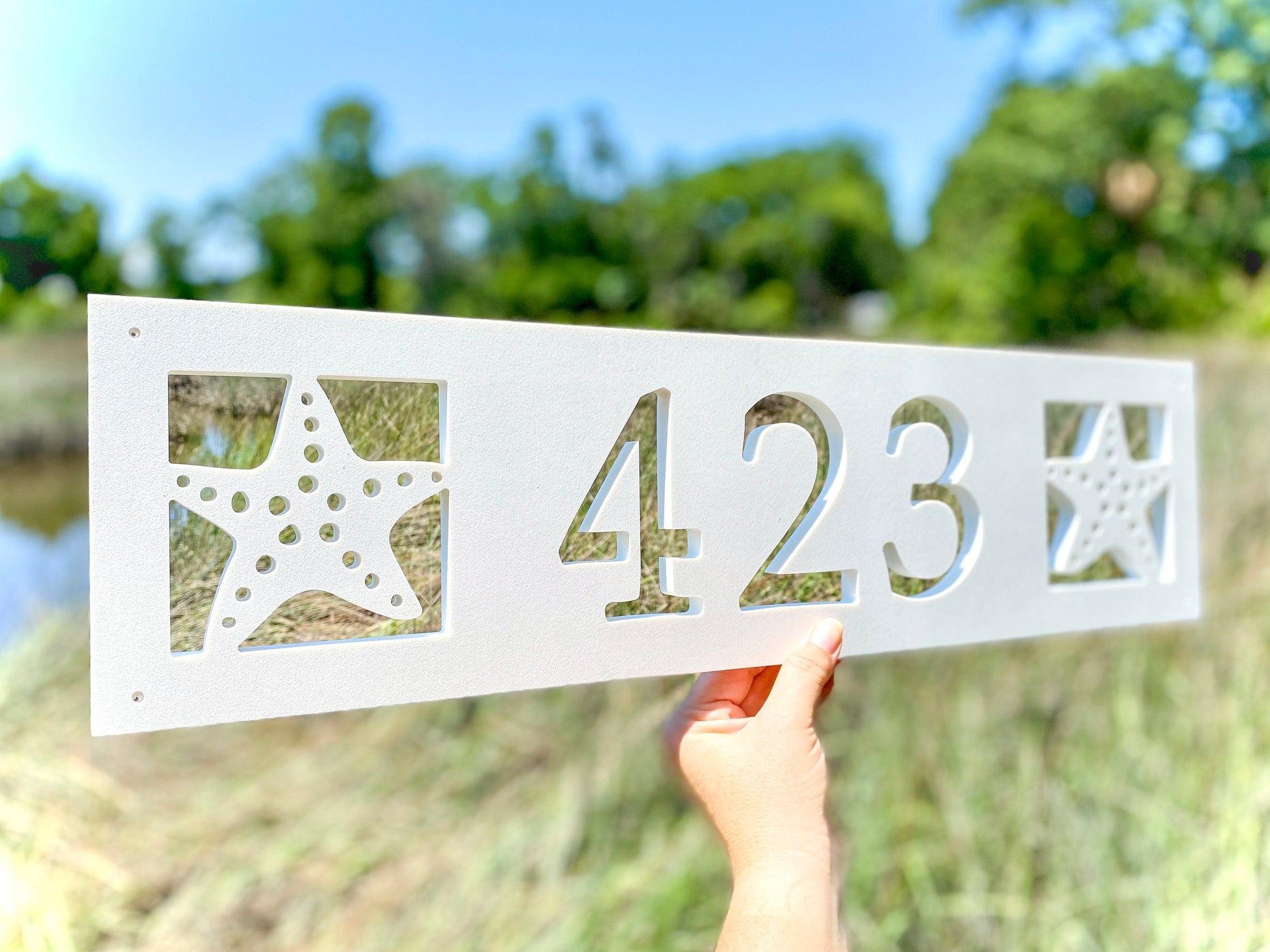 Starfish Address for Beach House, Narrow Horizontal Address Sign, Coastal Home Exterior Decor, Outdoor PVC Weatherproof House Numbers