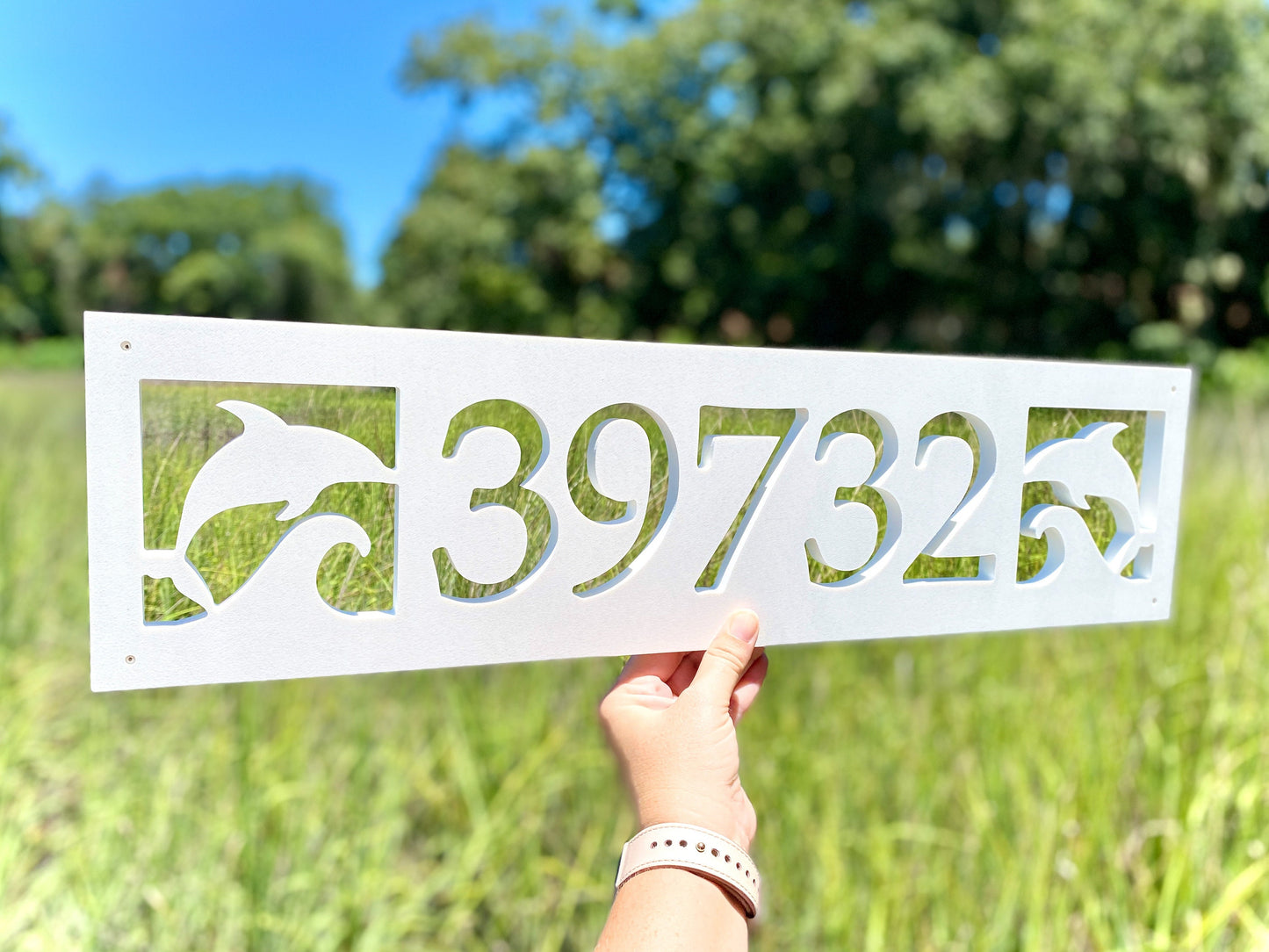 Dolphin Address for Beach House, Narrow Horizontal Address Sign, Coastal Home Exterior Decor, Outdoor PVC Weatherproof House Numbers