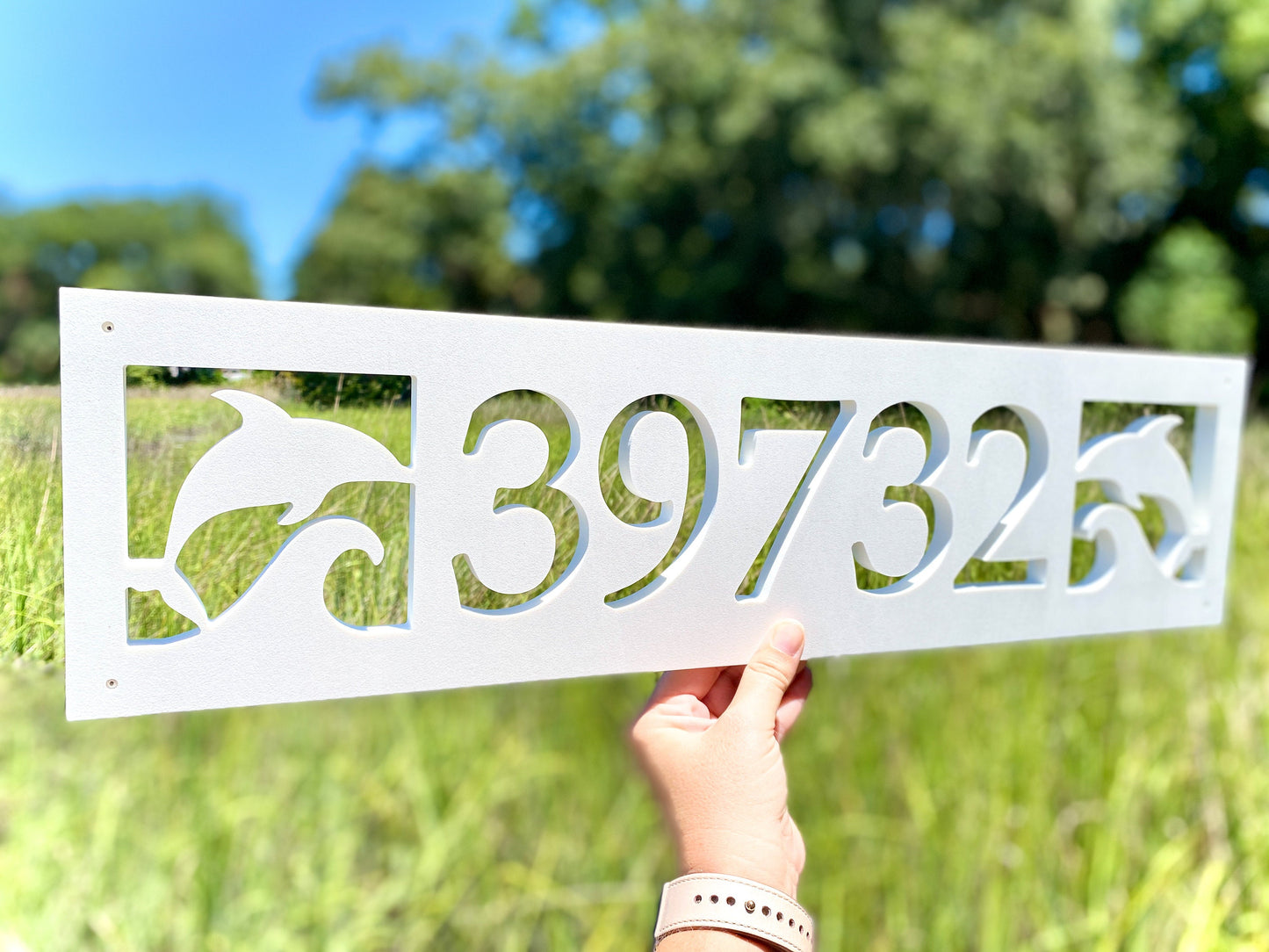 Dolphin Address for Beach House, Narrow Horizontal Address Sign, Coastal Home Exterior Decor, Outdoor PVC Weatherproof House Numbers