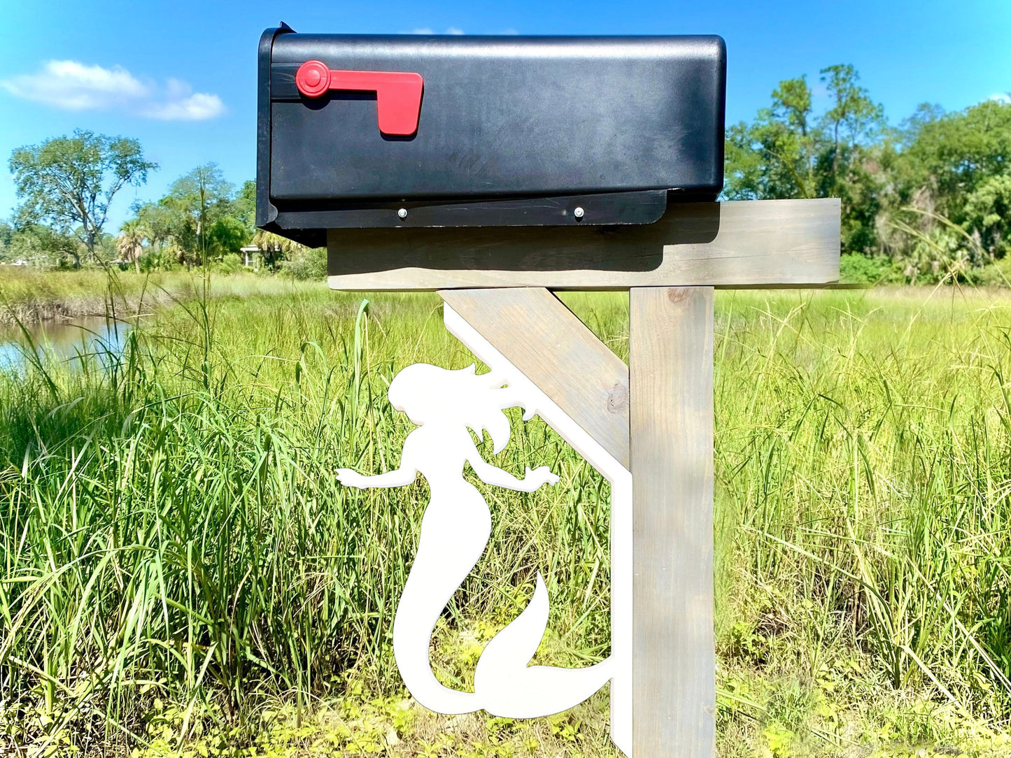 Mermaid Mailbox Bracket for 45 Degrees Angle Post, Mailbox Decor, Weatherproof PVC Beach House Decor, Coastal Home Decor Yard Art
