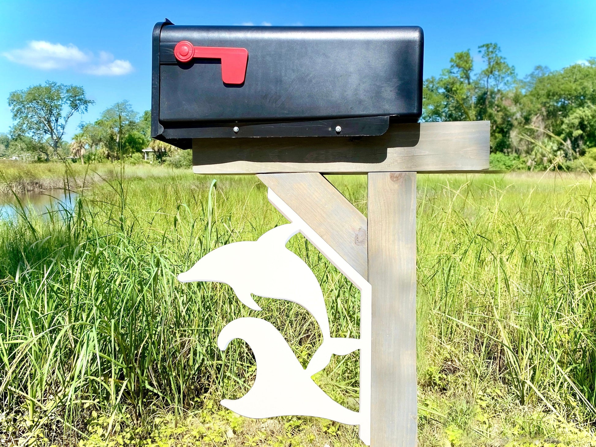 Dolphin Mailbox Bracket for 45 Degrees Angle Post, Mailbox Decor, Weatherproof PVC Beach House Decor, Coastal Home Yard Art