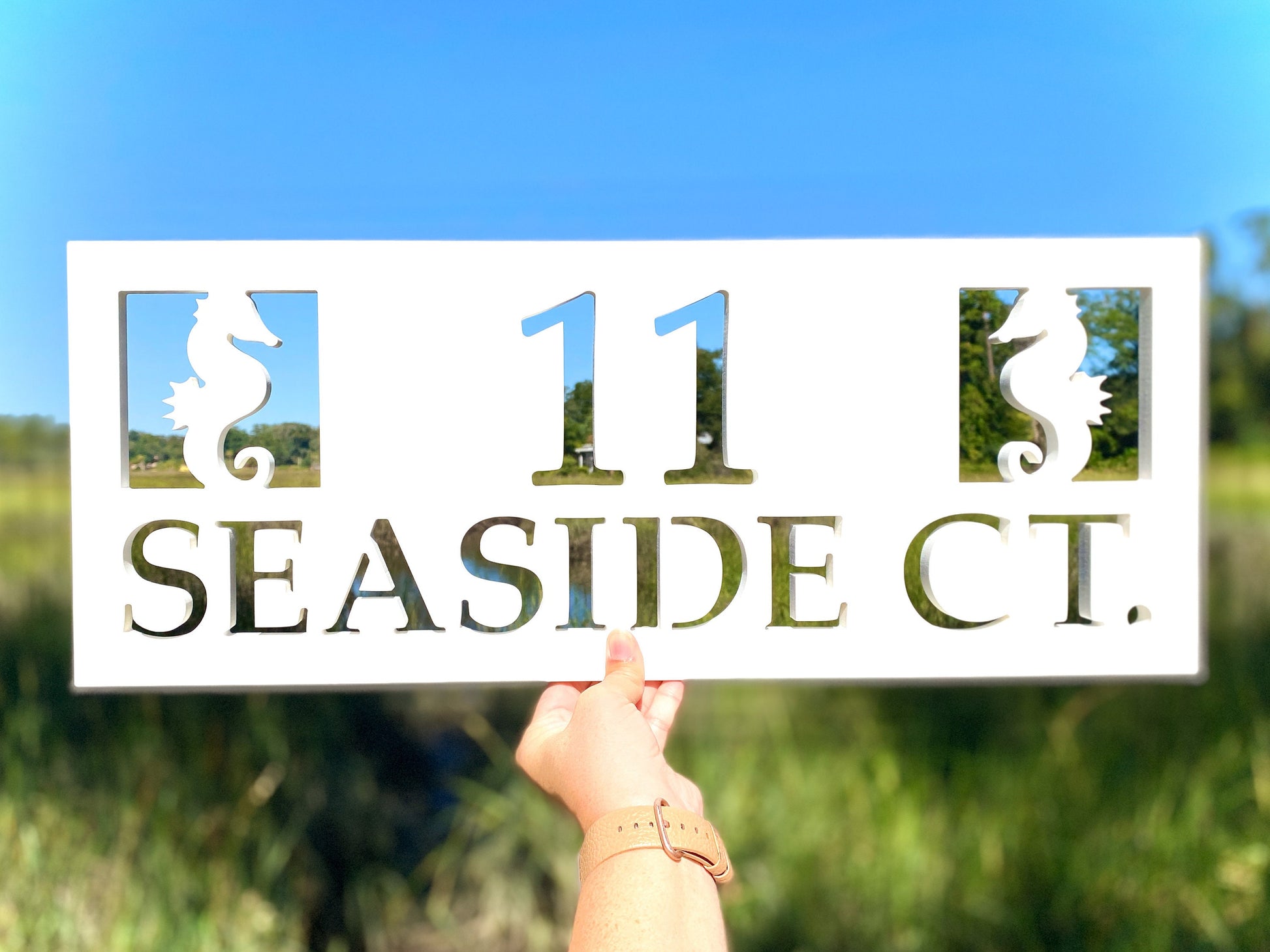Full Street Address Plate with Seahorses, Coastal Beach House Address Plaque with Street Name, Outdoor PVC Weatherproof House Numbers, Nautical Address Numbers Sign