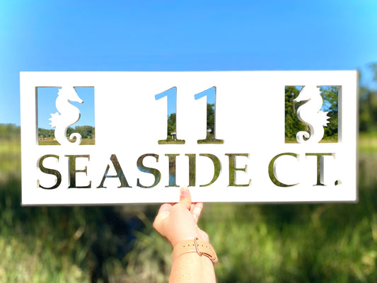 Full Street Address Plate with Seahorses, Coastal Beach House Address Plaque with Street Name, Outdoor PVC Weatherproof House Numbers, Nautical Address Numbers Sign
