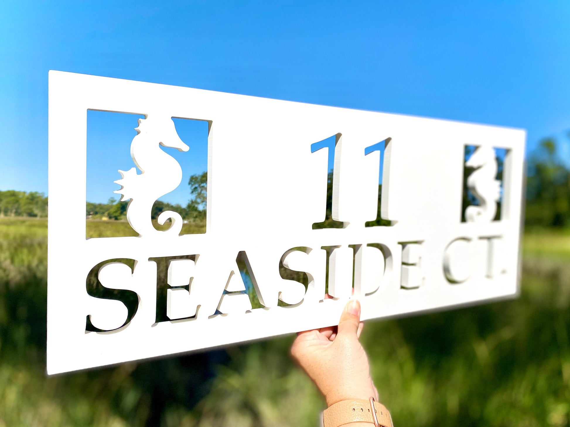 Full Street Address Plate with Seahorses, Coastal Beach House Address Plaque, Outdoor PVC Weatherproof House Numbers, Address Numbers Sign