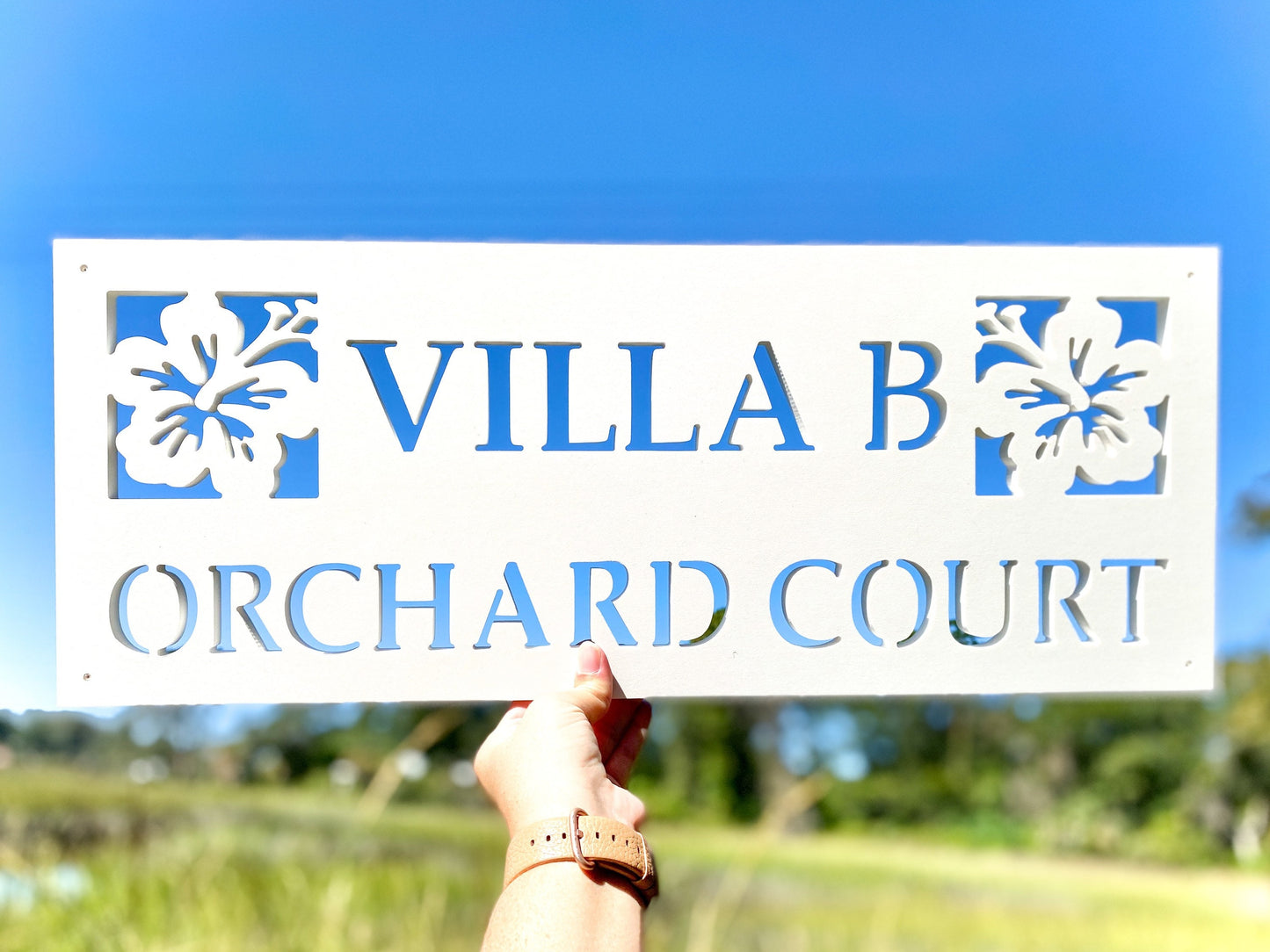 Full Street Address Plate with Hibiscus Flower, Tropical Home Decor, Outdoor PVC Weatherproof House Numbers, Beach House Address Numbers