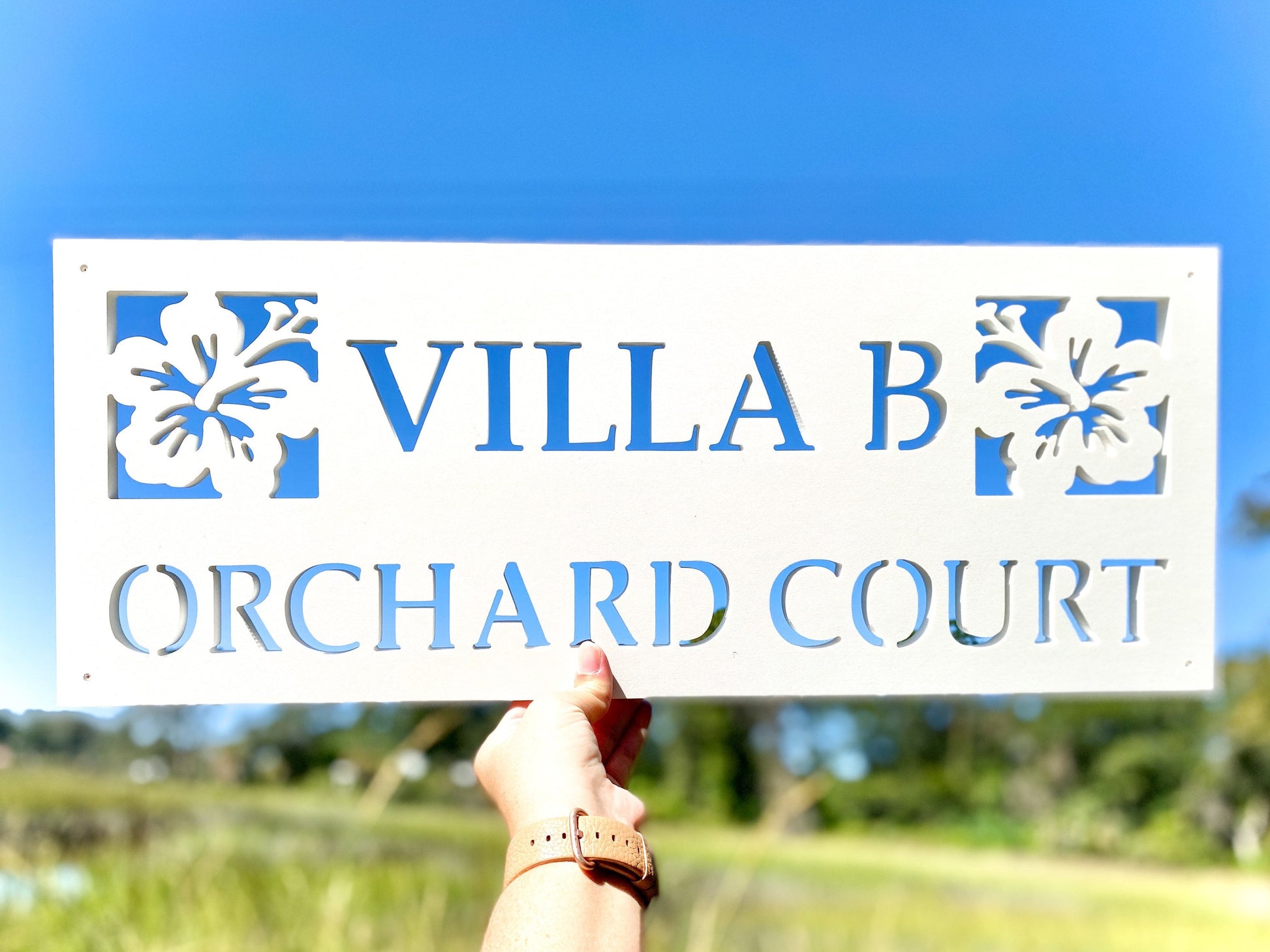 Full Street Address Plate with Hibiscus Flower, Tropical Home Decor, Outdoor PVC Weatherproof House Numbers, Beach House Address Numbers