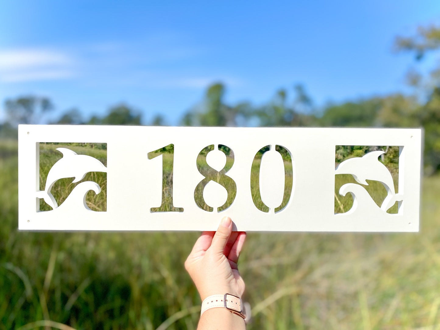 Dolphin Address for Beach House, Narrow Horizontal Address Sign, Coastal Home Exterior Decor, Outdoor PVC Weatherproof House Numbers