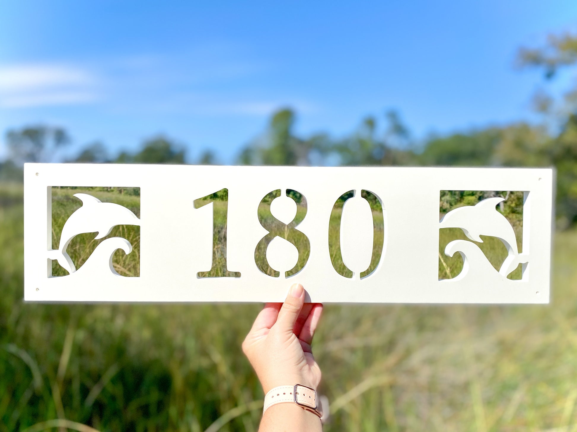 Dolphin Address for Beach House, Narrow Horizontal Address Sign, Coastal Home Exterior Decor, Outdoor PVC Weatherproof House Numbers