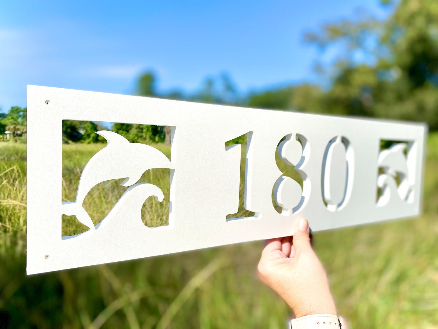 Dolphin Address for Beach House, Narrow Horizontal Address Sign, Coastal Home Exterior Decor, Outdoor PVC Weatherproof House Numbers