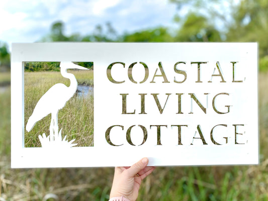 Custom Heron House Name Sign, Weatherproof Personalized Home Name, Coastal Beach House Decor, Outdoor Exterior PVC Sign, Marsh Bird Decor