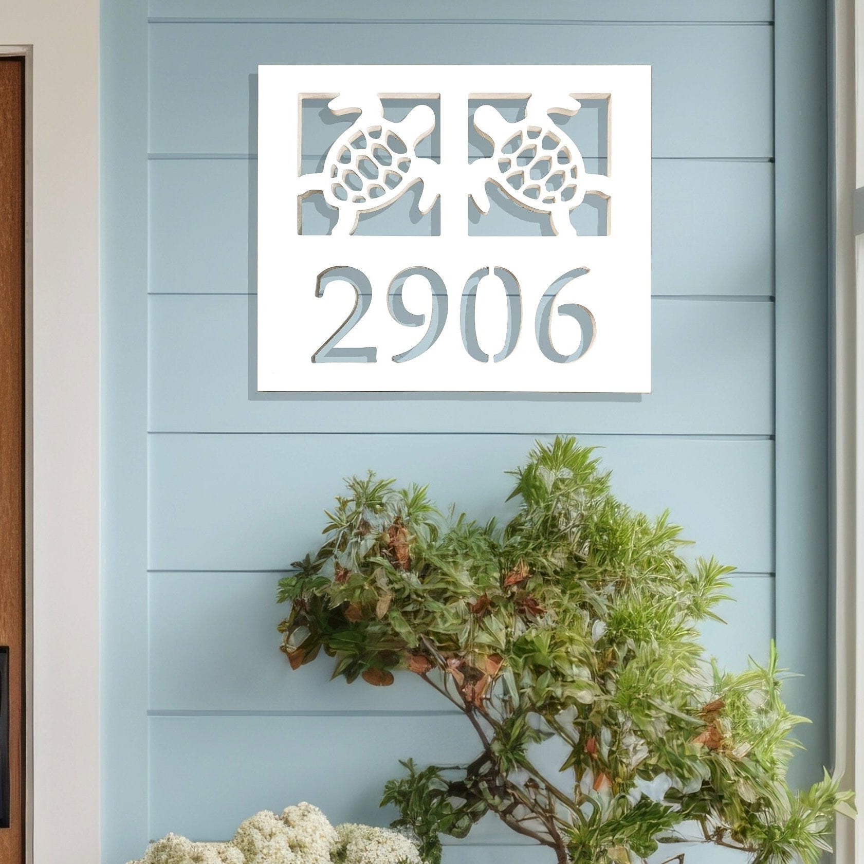 Double Sea Turtle Address Sign for Beach House, Rectangular Coastal Ho ...